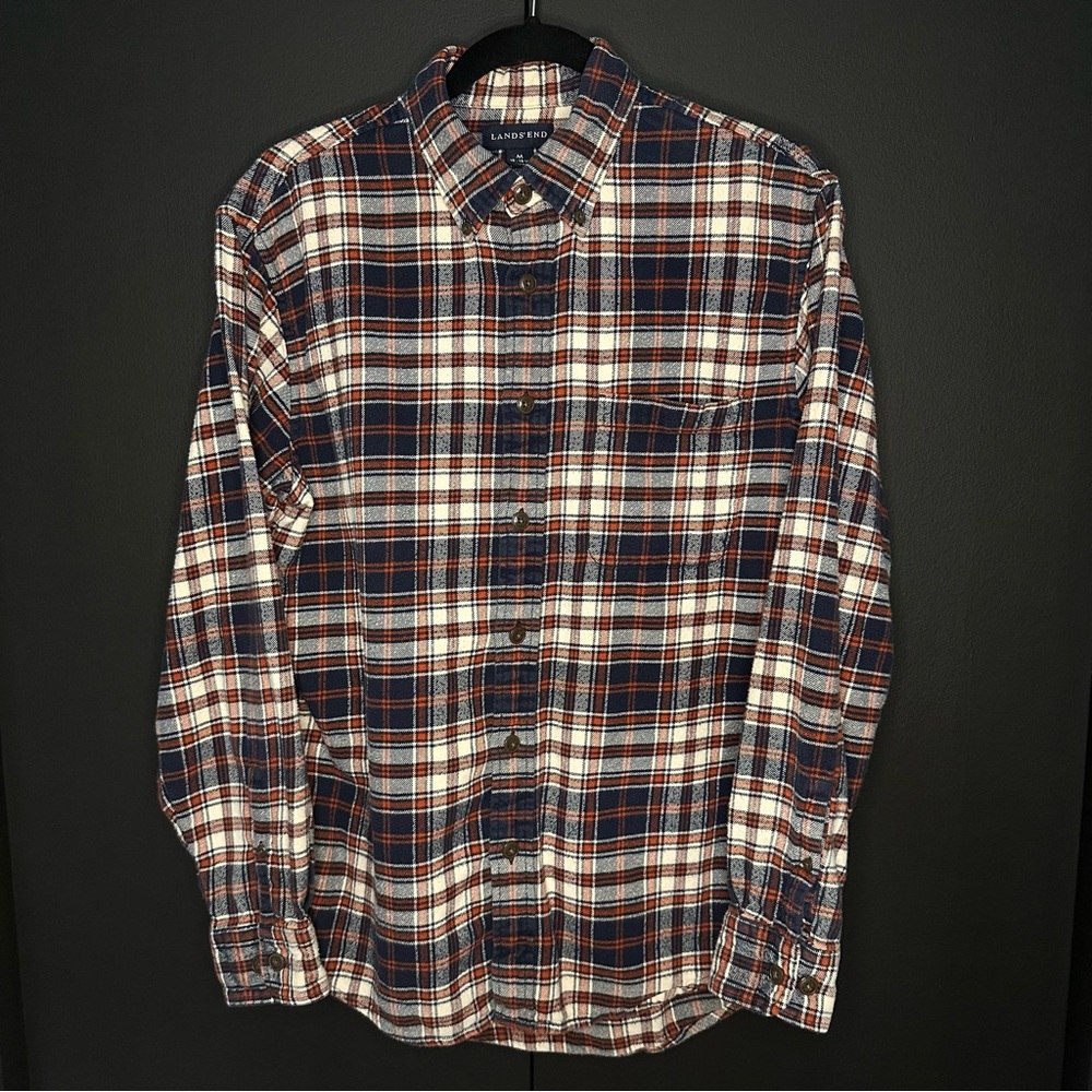 Lands End Lightweight Blue Orange & White Button-up Flannel.